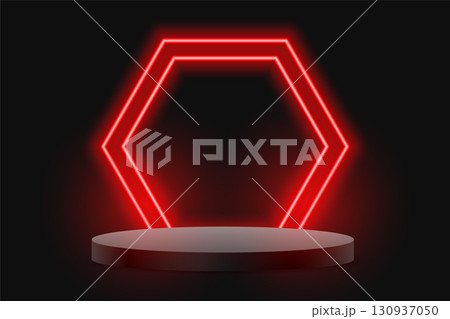 dark podium stand background with red neon frame for product display dark podium stand background with red neon frame for product display 130937050