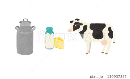 乳牛と乳製品とミルク缶　水彩風手描きイラスト 130937825