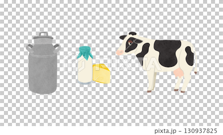 乳牛と乳製品とミルク缶　水彩風手描きイラスト 130937825