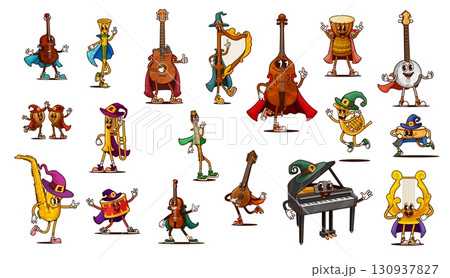 Cartoon groovy music instrument characters in Halloween costumes. Retro hippie musical vector personages of groovy piano, saxophone, drum and guitar, cute violin and harp with witch and wizard hats Cartoon groovy music instrument characters in Halloween costumes. Retro hippie musical vector personages of groovy piano, saxophone, drum and guitar, cute violin and harp with witch and wizard hats 130937827