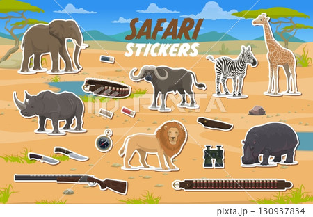 African safari hunting sport stickers pack, wild animals elephant, giraffe, zebra, rhino, buffalo, lion, and hippo, along with safari gear rifle, knives, binoculars, compass, and ammunition belts 130937834