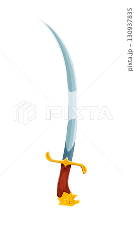 Cartoon pirate sabre with an exaggerated curved silver blade, gold crossguard and wooden handle ending in a decorative golden eagle head. Vector corsair cutlass or sword for fantasy or adventure games 130937835