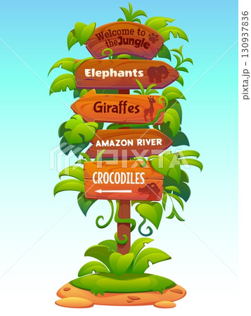 Jungle forest signboard, tropical forest park sign board. Cartoon vector signpost with arrows pointing to elephants, giraffes, crocodiles and amazon river directions. Funny pointer for maps and zoo 130937836