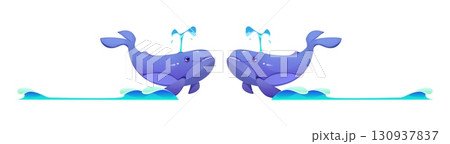 Marine and nautical divider, pirate and corsair border frame, piracy decoration, cartoon separator featuring two smiling whales facing each other spouting water as they swim through gentle ocean waves 130937837