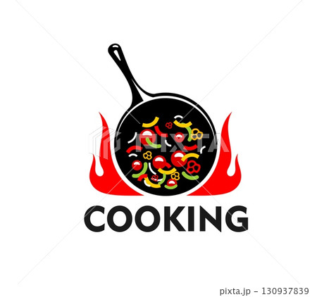 Cook pan icon of frypan in fire flames with gourmet food, vector emblem for cuisine restaurant. Cook pan symbol of wok with vegetables for chef food restaurant and BBQ grill and gastro bar menu 130937839