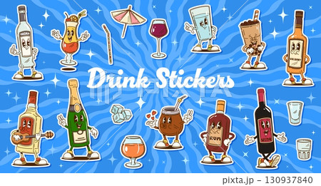 Groovy drinks and alcohol beverage characters stickers pack. Vector fun set of cartoon vodka, whiskey, wine, cocktails, champagne, rum, soda, liquor and mocktail, personages each with cute expressions 130937840