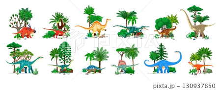 Prehistoric dinosaurs characters, Jurassic era jungles, cartoon vector set. Dinosaur species for dino park museum, kids paleontology atlas or encyclopedia of prehistoric lizards Prehistoric dinosaurs characters, Jurassic era jungles, cartoon vector set. Dinosaur species for dino park museum, kids paleontology atlas or encyclopedia of prehistoric lizards 130937850