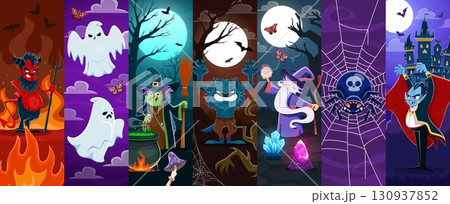 Halloween holiday characters collage with cartoon devil, ghosts, witch, werewolf, wizard, spider and vampire at eerie night backdrops with fire, spiderwebs, potions and full moon enhancing spooky vibe Halloween holiday characters collage with cartoon devil, ghosts, witch, werewolf, wizard, spider and vampire at eerie night backdrops with fire, spiderwebs, potions and full moon enhancing spooky vibe 130937852