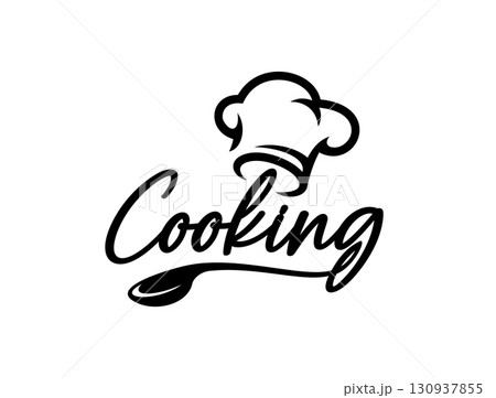 Cooking icon of chef toque hat and ladle spoon for restaurant or cuisine, vector emblem. Chef cooking hat or toque cap in silhouette line for cooking school, gourmet cuisine restaurant or gastro bar 130937855