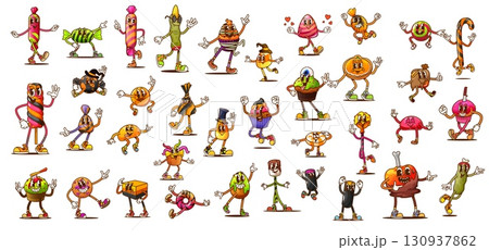 Cartoon groovy Halloween sweets and candy characters. Vector set of quirky y2k desserts and pastry personages wear fun outfits or accessories for celebration and children trick or treat entertainment 130937862