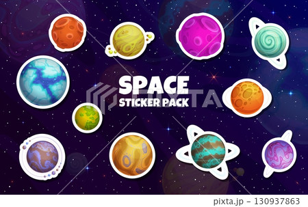 Stickers of fantasy alien space planets. Cartoon vector patches set of vibrant fantasy galaxy planets against a starry purple sky background. Cosmic world spheres, celestial bodies with rings, craters 130937863