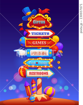 Cartoon amusement park and circus signboard for funfair carnival, vector sign board. Amusement park and circus funfair signboard with direction arrows to tickets or game prizes, food and drink bar 130937871