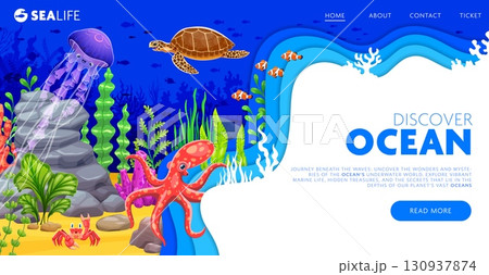 Paper cut landing page template with underwater landscape and sea animals, vector undersea. Landing page layout with paper cut underwater landscape, cartoon coral reef fish, octopus and jellyfish Paper cut landing page template with underwater landscape and sea animals, vector undersea. Landing page layout with paper cut underwater landscape, cartoon coral reef fish, octopus and jellyfish 130937874