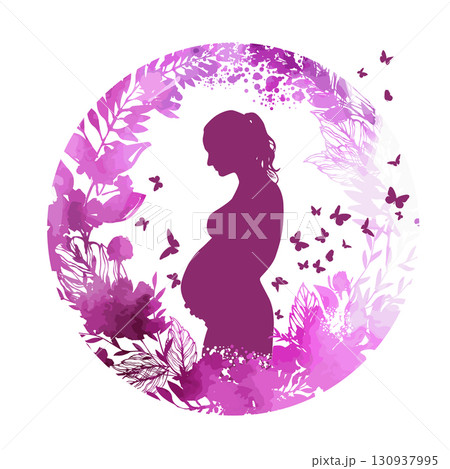 Silhouette of a pregnant woman with violet flowers abstract. Stock vector illustration. hand drawn. Not AI. 130937995