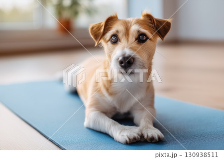 ヨガマットの上でくつろぐ犬の癒し系ライフスタイルイメージ 130938511