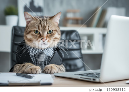 スーツ姿の猫がデスクに向かうユニークなビジネスシーン風イメージ スーツ姿の猫がデスクに向かうユニークなビジネスシーン風イメージ 130938512