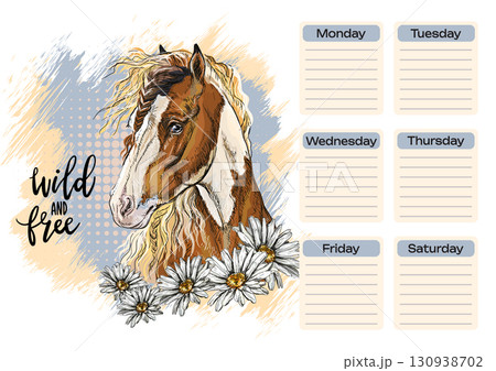 Pinto horse with flowers planner and school schedule vector 130938702