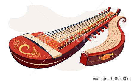 This high resolution image captures the elegant form and intricate details of a Japanese Koto, beautifully contrasted against a minimalist white background, producing a sophisticated and culturally 130939052