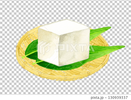 竹ざるに乗った豆腐　和食・日本料理の手描き水彩イラスト素材 130939337