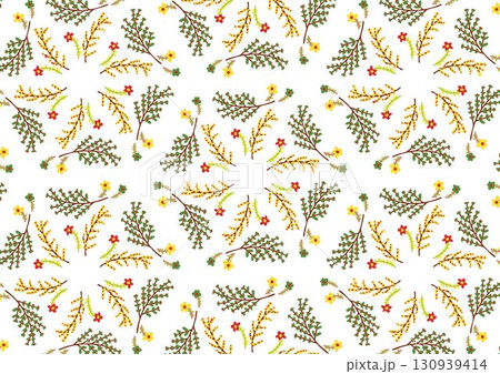 Seamless botanical pattern with colorful branches, leaves, and flowers on white. Perfect for textiles, wallpapers, packaging, and decorative design. Seamless botanical pattern with colorful branches, leaves, and flowers on white. Perfect for textiles, wallpapers, packaging, and decorative design. 130939414