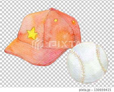 水彩イラスト　手描きイラスト　アナログイラスト　帽子とソフトボール 130939415