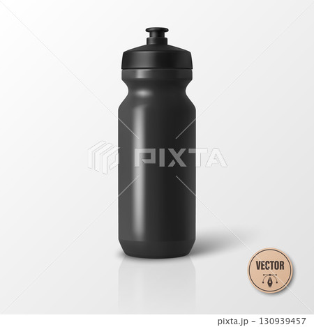 Vector 3d Realistic Black Blank Sport Water Bottle. Plastic Cycling Bottle, Gym, Fitness Bottle for Sports, Outdoor, Travel, Training, Exercise, Workout. Sport Bottle Isolated, Front View 130939457