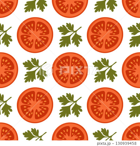 Vector Seamless Pattern with Tomatoes and Parsley. Fresh Vegetable Food Background for Culinary Design. Natural Cooking Ingredients, Organic Kitchen Decor, Italian Cuisine Illustration 130939458