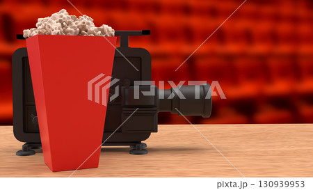The Black camera and pop corn for cinema or entertainment concept 3d Rendering The Black camera and pop corn for cinema or entertainment concept 3d Rendering 130939953