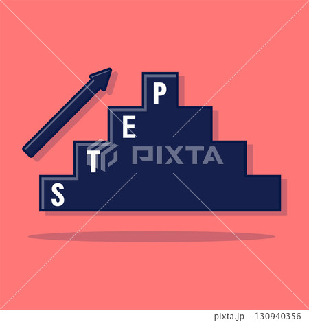 Blue steps with ascending labels and an upward arrow suitable for infographics, educational materials, presentations, or motivational content. Steps visualization. 130940356