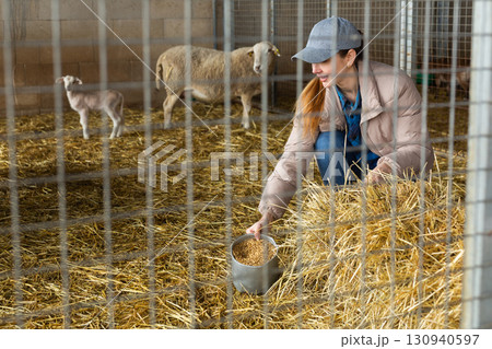 Portrait of female farm worker feeding lambs 130940597