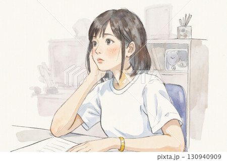 部屋で物思いにふける女子学生 女子高生 思春期 悩み 130940909