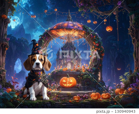ハロウィンの魔女帽子をかぶったビーグル子犬とジャックオーランタンの幻想的な背景イラスト3 130940943