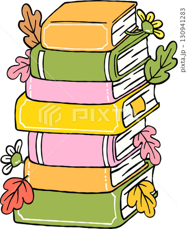 Fall Bookish Reading Stack of Books with Autumn Leaves and Floral Hand Drawn Fall Bookish Reading Stack of Books with Autumn Leaves and Floral Hand Drawn 130941283