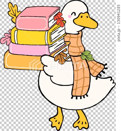 Fall Bookish Silly Goose Reading Carrying Stack Books with Autumn Leaves 130941285