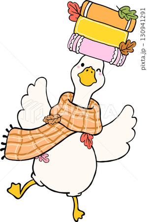 Fall Bookish Silly Goose Reading Carrying Stack Books on head cartoon 130941291