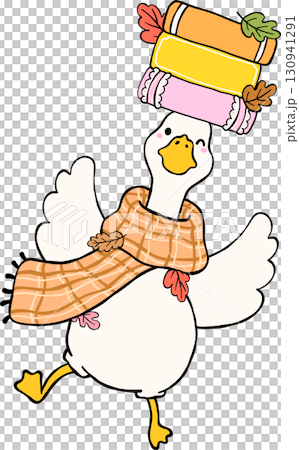 Fall Bookish Silly Goose Reading Carrying Stack Books on head cartoon 130941291