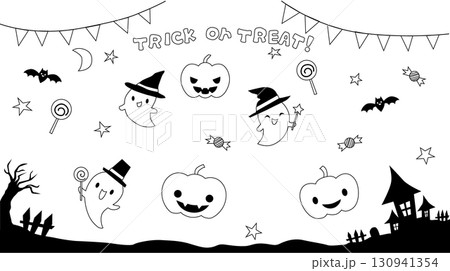 かわいいハロウィンのイラスト素材集 線画 白黒 かわいいハロウィンのイラスト素材集 線画 白黒 130941354
