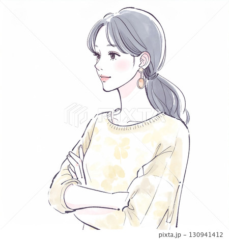 腕を組んで考える、悩む、落ち込む、不安みたいな水彩画・手描き風の女性・女の子のイラスト素材 130941412