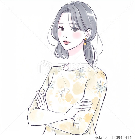 腕を組んで考える、悩む、落ち込む、不安みたいな水彩画・手描き風の女性・女の子のイラスト素材 130941414
