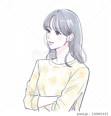 腕を組んで考える、悩む、落ち込む、不安みたいな水彩画・手描き風の女性・女の子のイラスト素材 130941415