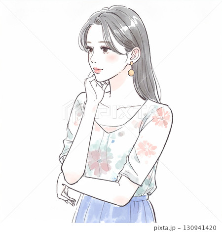 腕を組んで考える、悩む、落ち込む、不安みたいな水彩画・手描き風の女性・女の子のイラスト素材 130941420