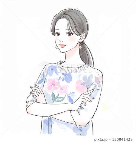 腕を組んで考える、悩む、落ち込む、不安みたいな水彩画・手描き風の女性・女の子のイラスト素材 130941425