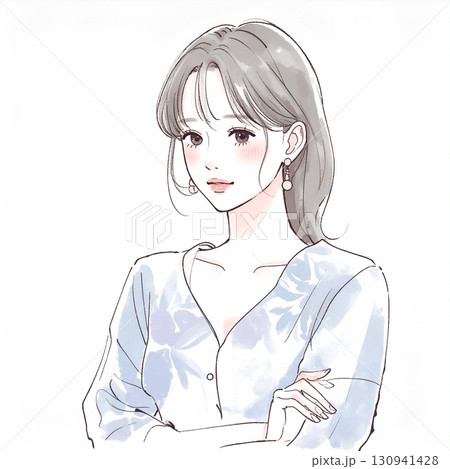 腕を組んで考える、悩む、落ち込む、不安みたいな水彩画・手描き風の女性・女の子のイラスト素材 130941428