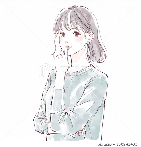 腕を組んで考える、悩む、落ち込む、不安みたいな水彩画・手描き風の女性・女の子のイラスト素材 130941433