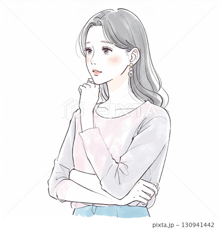 腕を組んで考える、悩む、落ち込む、不安みたいな水彩画・手描き風の女性・女の子のイラスト素材 腕を組んで考える、悩む、落ち込む、不安みたいな水彩画・手描き風の女性・女の子のイラスト素材 130941442
