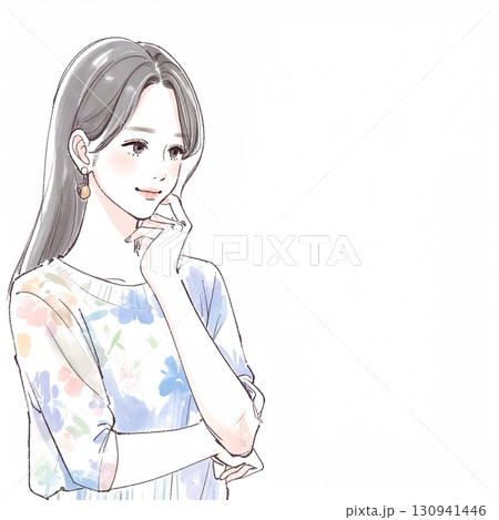 腕を組んで考える、悩む、落ち込む、不安みたいな水彩画・手描き風の女性・女の子のイラスト素材 130941446