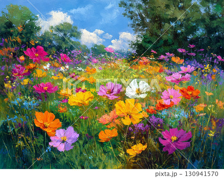 カラフルなコスモス畑の花々　AI画像 130941570