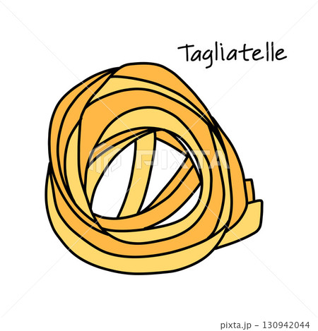 Wide Italian tagliatelle pasta twisted into a nest in doodle style on a white background 130942044