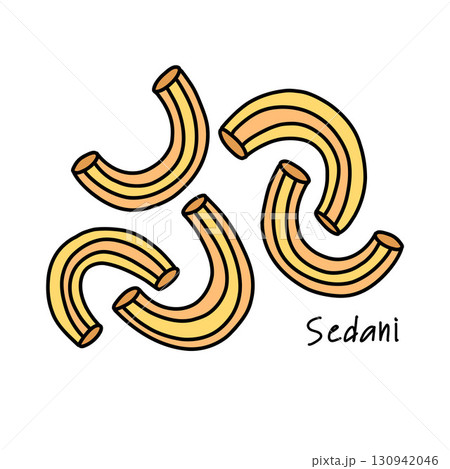 Curved organic sedani pasta for baking, doodle illustration of macarons 130942046