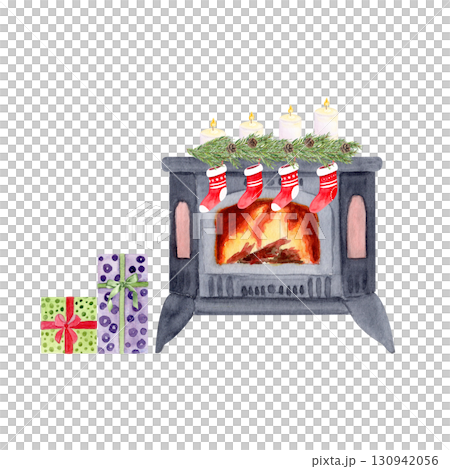 Stove with burning fire, with pine branches, candles, red stockings and wrapped gifts. Watercolor isolated on white ideal for Christmas cards, posters, invitations, scrapbooking. Festive fireplace Stove with burning fire, with pine branches, candles, red stockings and wrapped gifts. Watercolor isolated on white ideal for Christmas cards, posters, invitations, scrapbooking. Festive fireplace 130942056